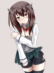 Rule 34 | 10s, 1girl, brown eyes, brown hair, hair between eyes, hiba (p-p-purin), kantai collection, personification, short hair, solo, taihou (kancolle), thighhighs, torn clothes