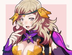 Rule 34 | 1girl, blonde hair, breasts, circlet, fire emblem, fire emblem fates, fire emblem heroes, grey eyes, large breasts, looking at viewer, nintendo, official alternate costume, open mouth, ophelia (fire emblem), rem (eyes 410), solo, upper body