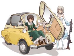 Rule 34 | 10s, 2girls, alternate costume, blue eyes, bmw isetta, boots, breasts, brown eyes, brown footwear, brown hair, car, cleavage, closed mouth, commentary request, cosplay, dress, girls und panzer, green dress, gun, holding, holding weapon, itsumi erika, izetta, izetta (cosplay), long dress, long sleeves, machine gun, medium breasts, mg 34, mg 42, motor vehicle, multiple girls, name connection, nishizumi maho, ortfine fredericka von eylstadt, ortfine fredericka von eylstadt (cosplay), petticoat, shadow, shuumatsu no izetta, silver hair, simple background, sitting, smile, standing, uona telepin, vehicle focus, weapon, white background, white dress, white footwear