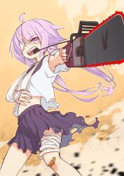 Rule 34 | 1girl, ahoge, alternate costume, alternate hairstyle, arm sling, bandaged leg, bandages, bandaid, bandaid on knee, bandaid on leg, blurry, blurry background, cast, chainsaw, commentary request, debris, dust cloud, eyepatch, feet out of frame, floating hair, glaring, highres, holding, holding chainsaw, injury, long hair, looking at viewer, low twintails, medical eyepatch, midriff, mouth pull, one eye covered, open mouth, outstretched arm, pleated skirt, pull cord, purple eyes, purple skirt, shirt, short sleeves, skirt, solo, torn clothes, torn shirt, torn skirt, twintails, vocaloid, voiceroid, white shirt, yamadori seika, yellow background, yuzuki yukari
