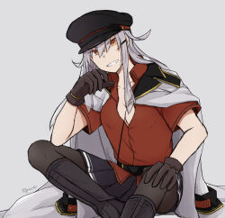 Rule 34 | 1girl, black footwear, black gloves, black hat, black pantyhose, black skirt, boots, brown eyes, feet out of frame, gangut (kancolle), gangut dva (kancolle), gloves, grey background, grey hair, hair between eyes, hat, highres, jacket, jacket on shoulders, kantai collection, long hair, looking at viewer, military hat, pantyhose, peaked cap, pleated skirt, red shirt, scar, scar on face, shirt, short sleeves, signature, simple background, sitting, skirt, solo, yanagare