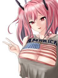 Rule 34 | 1girl, absurdres, alternate costume, american flag, azur lane, bare shoulders, breasts, bremerton (azur lane), casual, cleavage, cleavage cutout, clothing cutout, covered erect nipples, crop top, grey shirt, hair between eyes, headgear, heart, heart necklace, highres, jewelry, kilroylw, looking at viewer, mole, mole on breast, mole under eye, multicolored hair, necklace, nipple piercing, open mouth, piercing, pink hair, red eyes, shirt, streaked hair, tongue, tongue out, twintails, upper body, v