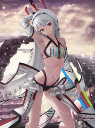 Rule 34 | 1girl, absurdres, altera (fate), armpits, bare shoulders, black legwear, black nails, black panties, breasts, closed mouth, cloud, cloudy sky, commentary request, dark-skinned female, dark skin, detached sleeves, fate/extella, fate/extra, fate/grand order, fate (series), full-body tattoo, headdress, highres, holding, holding weapon, nail polish, navel, nekobell, panties, red eyes, revealing clothes, sky, small breasts, tan, tattoo, thighs, underwear, veil, weapon, white hair