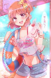 Rule 34 | 1girl, a chika-tastic summer (love live!), absurdres, alternate hairstyle, antenna hair, aqua nails, artist name, artist request, bare shoulders, beach, bikini, bikini under clothes, blue pants, blue shorts, blue sky, blush, bow, bracelet, braid, breasts, check translation, cleavage, clothes writing, cloud, collarbone, commentary request, day, earrings, female focus, food-themed hair ornament, hair bow, hair ornament, hairclip, halterneck, heart (symbol), highres, jewelry, looking at viewer, love live!, love live! school idol festival, love live! school idol festival all stars, love live! sunshine!!, medium breasts, medium hair, nail, nail polish, nekomeron, ocean, off-shoulder shirt, off shoulder, open fly, orange bow, orange hair, orange hair ornament, orange nails, outdoors, pants, parted bangs, parted lips, pearl bracelet, pink bikini, polka dot, polka dot bow, ponytail, red eyes, ribbon, see-through, see-through shirt, see-through sleeves, shirt, short hair, short sleeves, shorts, side braid, side ponytail, single braid, sky, small breasts, smile, solo, sparkle, strap slip, striped bikini, striped bow, striped clothes, striped pants, striped shorts, striped tank top, suspenders, suspenders hanging, swimsuit, takami chika, tank top, translated, translation request, triangle hair ornament, two-tone bikini, vertical-striped clothes, vertical-striped shorts, wrist bow, yellow bow, yellow ribbon