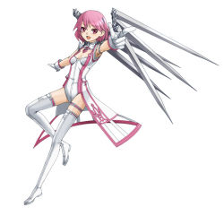 Rule 34 | 1girl, juju, over zenith, pink eyes, pink hair, solo, thighhighs, wings