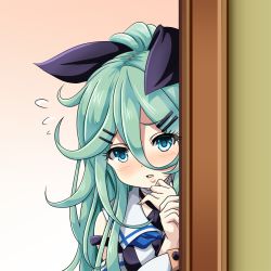 Rule 34 | 10s, 1girl, aqua hair, black ribbon, blue eyes, blue neckerchief, blush, breasts, choker, commentary request, detached sleeves, eyelashes, gradient background, green hair, hair between eyes, hair ornament, hair ribbon, hairclip, hand to own mouth, kantai collection, long hair, neckerchief, peeking out, ribbon, sailor collar, shy, small breasts, solo, tk8d32, yamakaze (kancolle)