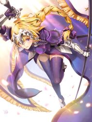 Rule 34 | 1girl, bad id, bad twitter id, banner, blonde hair, blush, boots, braid, breasts, capelet, chain, commentary request, dress, fate/apocrypha, fate (series), headpiece, highres, holding, holding sword, holding weapon, hoshizaki reita, jeanne d&#039;arc (fate), jeanne d&#039;arc (ruler) (fate), large breasts, light smile, long hair, looking at viewer, parted lips, purple capelet, purple dress, purple eyes, purple thighhighs, single braid, solo, sword, thighhighs, weapon