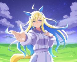Rule 34 | 1girl, animal ears, blackish (kamiokanden), blonde hair, blue eyes, blue hair, blush, bright pupils, casual, cloud, colored inner hair, commentary, cowboy shot, hair between eyes, hand on own chest, horse ears, horse girl, horse tail, long hair, long sleeves, looking at viewer, multicolored hair, neo universe (umamusume), night, night sky, official alternate costume, outdoors, outstretched hand, reaching, reaching towards viewer, sidelocks, sky, smile, solo, star (sky), starry sky, tail, two-tone hair, umamusume