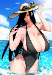 Rule 34 | 1girl, black eyes, black hair, black one-piece swimsuit, blue sky, breasts, cleavage, cloud, hair over one eye, half-closed eyes, hat, huge breasts, long hair, looking at viewer, mature female, mole, mole on breast, mole under mouth, nail polish, ocean, one-piece swimsuit, original, outdoors, rototika, sky, smile, solo, sun hat, swimsuit, very long hair, wading