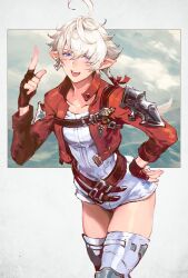 Rule 34 | 1girl, alisaie leveilleur, belt, black gloves, blue eyes, boots, earrings, final fantasy, final fantasy xiv, fingerless gloves, gloves, hand on own hip, highres, jacket, jewelry, kin mokusei, multiple belts, open mouth, pointy ears, ponytail, red jacket, smile, solo, thigh boots, white footwear, white hair