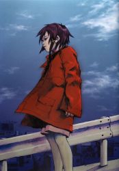Rule 34 | 1990s (style), 1girl, abe yoshitoshi, absurdres, artbook, brown eyes, brown hair, city, cloud, coat, cowboy shot, female focus, guard rail, highres, iwakura lain, official art, outdoors, scan, serial experiments lain, short hair, sky, solo, standing, wind