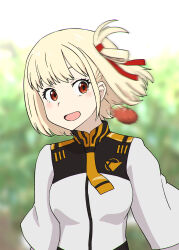 Rule 34 | 1girl, alternate costume, asticassia school uniform, blonde hair, blurry, blurry background, bob cut, commentary, day, dodging, gundam, gundam suisei no majo, hair ribbon, highres, jacket, long sleeves, looking at viewer, lycoris recoil, motion blur, nishikigi chisato, open mouth, outdoors, red eyes, red ribbon, ribbon, school uniform, short hair, smile, solo, tomato, ueyama michirou, upper body, white jacket