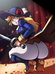 Rule 34 | 1girl, absurdres, ass, ass focus, blonde hair, blue eyes, blue hat, blue jacket, boots, facing away, falling petals, flower, hat, hat flower, highres, holding, holding sword, holding weapon, indoors, jacket, long hair, looking at viewer, looking back, mario (series), mosbles (mosbles7), nintendo, official alternate costume, pants, petals, princess peach, princess peach: showtime!, rapier, red flower, red rose, rose, solo, squatting, sword, swordfighter peach, tight clothes, tight pants, weapon, white pants