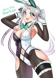 Rule 34 | 1girl, absurdres, ahoge, akitsushima (kancolle), animal ears, black pantyhose, bow, bowtie, breasts, bridal garter, clothing cutout, detached collar, elbow gloves, gloves, grey eyes, grey hair, highres, kantai collection, katou shinobu, leotard, long hair, medium breasts, navel cutout, one-hour drawing challenge, pantyhose, playboy bunny, rabbit ears, rabbit tail, side ponytail, sidelocks, simple background, solo, tail, teeth, two-tone leotard, white background, white gloves