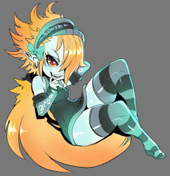 Rule 34 | 1girl, alternate costume, blue skin, breasts, colored sclera, colored skin, detached sleeves, dress, earrings, eyelashes, fang, finger in own mouth, hair over one eye, hairband, highres, jewelry, long hair, maniacpaint, midna, naughty face, nintendo, no shoes, orange hair, pointy ears, ponytail, reclining, red eyes, sandals, short dress, simple background, small breasts, solo, striped clothes, striped thighhighs, the legend of zelda, the legend of zelda: twilight princess, thick thighs, thighhighs, thighs, very long hair, wide hips, yellow sclera