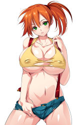 Rule 34 | 1girl, alternate breast size, asymmetrical hair, belly, blush, breasts, cleavage, clothes pull, cowboy shot, creatures (company), crop top, cutoffs, denim, denim shorts, game freak, gen 1 pokemon, green eyes, green shorts, hair between eyes, head tilt, highres, large breasts, looking at viewer, midriff, misty (pokemon), navel, nintendo, nipples, orange hair, pokemon, pokemon (anime), pokemon (classic anime), ponytail, pulled by self, shirt, short hair, short shorts, shorts, side ponytail, simple background, skindentation, smash daisaku, solo, stomach, suspender shorts, suspenders, tank top, thighs, torn clothes, yellow shirt