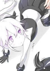 Rule 34 | 10s, 1girl, absurdres, abyssal ship, all fours, amputee, bare shoulders, black gloves, crop top, destroyer princess, gloves, hand on another&#039;s hip, highres, horns, kantai collection, pale skin, ponytail, purple eyes, ryuki (ryukisukune), samidare (kancolle), skirt, skirt set, solo focus, tears, translation request