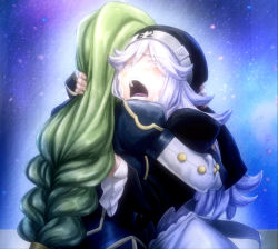 Rule 34 | 2girls, anime screenshot, braid, closed eyes, crying, eden&#039;s zero, green hair, highres, hug, long hair, multiple girls, silver hair, sister ivry, stitched, tears, third-party edit, witch (eden&#039;s zero)