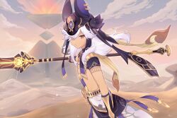 Rule 34 | 1boy, animal hat, black hat, cloud, cyno (genshin impact), dark-skinned male, dark skin, desert, genshin impact, hat, highres, holding, holding polearm, holding weapon, long hair, looking at viewer, male focus, outdoors, parted lips, polearm, pyramid (structure), red eyes, short sleeves, sky, solo, staff of the scarlet sands (genshin impact), tamamura (tmmr5), weapon, white hair