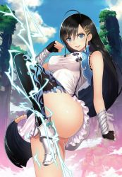 Rule 34 | &gt;:), 1girl, absurdres, ahoge, armor, armored boots, ass, asymmetrical legwear, bare shoulders, black hair, blade arcus from shining, blue eyes, blue sky, boots, bow, breasts, chinese clothes, clenched hands, cliff, cloud, day, dress, electricity, fighting stance, fingerless gloves, gloves, hair ornament, hairclip, high heels, highres, large breasts, leg up, long hair, long legs, looking at viewer, low-tied long hair, medium breasts, microdress, official art, open mouth, outdoors, pairon, ribbon, scan, shining (series), shiny skin, single thighhigh, sky, sleeveless, smile, solo, standing, standing on one leg, taut clothes, thighhighs, thighs, tony taka, tree, uneven legwear, v-shaped eyebrows, very long hair