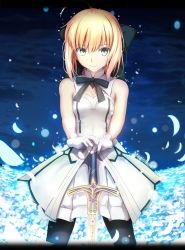Rule 34 | 1girl, artoria pendragon (all), artoria pendragon (fate), bare arms, black pantyhose, blonde hair, bow, breasts, dress, fate/stay night, fate/unlimited codes, fate (series), green eyes, hair bow, hand on hilt, highres, magicians (zhkahogigzkh), pantyhose, petals, ribbon, saber (fate), saber lily, small breasts, smile, solo, sword, weapon