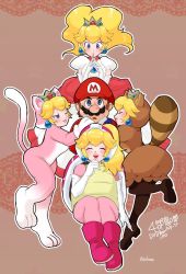 Rule 34 | 1boy, 4girls, blonde hair, blue eyes, boots, brown hair, cat peach, catsuit, clone, couple, crown, dress, earrings, fire peach, gloves, harem, hat, highres, jewelry, kiss, lipstick mark, mario, mario (series), multiple girls, nintendo, nm qi, one eye closed, overalls, ponytail, princess peach, smile, super mario 3d world, tanooki peach, tanooki suit, wink