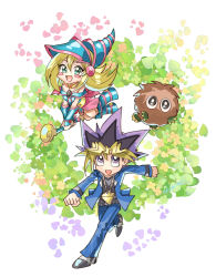 Rule 34 | 1boy, 1girl, :d, belt, black shirt, blonde hair, blue jacket, blue pants, blush stickers, chibi, clenched hands, commentary request, dark magician girl, duel monster, dyed bangs, fushitasu, green eyes, holding, jacket, kuriboh, long sleeves, looking at viewer, looking up, multicolored hair, muto yugi, open clothes, open jacket, open mouth, pants, purple eyes, purple hair, school uniform, shirt, shoes, smile, wand, yu-gi-oh!, yu-gi-oh! duel monsters