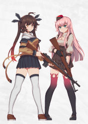 Rule 34 | 2girls, antenna hair, battle rifle, beret, black gloves, black ribbon, blue eyes, breasts, brown hair, cleavage, full body, girls&#039; frontline, gloves, gun, hair ribbon, hat, highres, holding, holding gun, holding weapon, long hair, looking at viewer, looking back, m14, m14 (girls&#039; frontline), medium breasts, multiple girls, persocon93, pink hair, pleated skirt, ribbon, rifle, simonov (girls&#039; frontline), skirt, sks, thighhighs, twintails, weapon, white legwear, yellow eyes