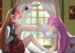 Rule 34 | 2girls, absurdres, akame ga kill!, all fours, arm up, black hairband, black vest, bow, bowtie, cake, cake slice, chelsea (akame ga kill!), closed eyes, closed mouth, collared shirt, commentary, curtains, dress, english commentary, eyelashes, feet, food, foot on another&#039;s face, foot up, full body, ghhoward, hair between eyes, hair bow, hairband, hand up, highres, holding, indoors, knee up, legs, long hair, long sleeves, mine (akame ga kill!), miniskirt, multiple girls, no shoes, orange hair, parted bangs, pillow, pink hair, plaid, plaid skirt, plate, purple dress, red bow, red bowtie, ribbed socks, shadow, shirt, sidelocks, sitting, skirt, socks, thighs, twintails, upper body, vest, white shirt, white socks, window