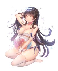Rule 34 | 1girl, bad id, bad pixiv id, ball, beachball, bikini, black hair, blush, breasts, cleavage, collarbone, girls&#039; frontline, hairband, large breasts, long hair, looking at viewer, official alternate costume, orange eyes, ozzingo, parted lips, revision, seiza, sitting, solo, swimsuit, thighhighs, type 95 (girls&#039; frontline), type 95 (summer cicada) (girls&#039; frontline), white bikini, white thighhighs