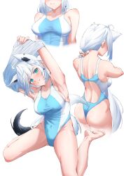 Rule 34 | 1girl, ahoge, aleth, alternate costume, animal ears, armpits, arms up, ass, back, bare arms, bare legs, bare shoulders, blue one-piece swimsuit, blush, breasts, collarbone, competition swimsuit, fox ears, fox girl, fox tail, green eyes, head tilt, highres, hololive, long hair, looking at viewer, medium breasts, medium hair, multiple views, one-piece swimsuit, shirakami fubuki, shirt, simple background, sitting, swimsuit, tail, undressing, virtual youtuber, white background, white hair, white shirt