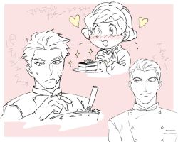 Rule 34 | 1girl, 2boys, character name, chef, gindoro, hairband, heart, mixing bowl, monochrome, multiple boys, original, own hands together, pink background, plump, short hair, simple background, smile, sparkle, sweatdrop, translation request, upper body, whisk
