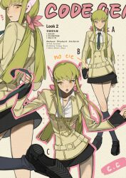 Rule 34 | 1girl, absurdres, belt, belt buckle, black footwear, black necktie, black pantyhose, black skirt, black socks, blunt ends, bow, breasts, brown background, brown belt, brown jacket, buckle, c.c., character name, chinese commentary, chinese text, cleavage, code geass, collared jacket, collared shirt, commentary request, copyright name, cowboy shot, crossed legs, english text, eyelashes, from behind, full body, green hair, hair bow, hair ornament, hand on own hip, hiamy0la, high belt, highres, holding, holding leash, jacket, kneehighs, knees, lapels, leash, light blush, long hair, long sleeves, looking at viewer, looking back, looking to the side, microskirt, mixed-language text, multiple views, necktie, no necktie, notice lines, open mouth, out of frame, outline, pantyhose, parted lips, peaked lapels, pink bow, pink outline, school uniform, shirt, shoes, sidelocks, simple background, skirt, sleeves past wrists, smile, socks, standing, straight hair, teeth, upper teeth only, uwabaki, white shirt, yellow eyes