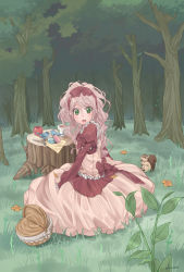 Rule 34 | 1girl, animal, apple, basket, bird, bow, dress, female focus, food, forest, fruit, green eyes, highres, long hair, nature, open mouth, original, outdoors, pink hair, plant, solo, sorao1129, squirrel