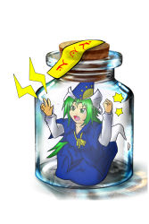 Rule 34 | 1girl, absurdres, bottle, bottle meme (pixiv), cork, fang, female focus, glass, green eyes, green hair, hat, highres, in container, long hair, matching hair/eyes, mima (touhou), ofuda, solo, tears, touhou, touhou (pc-98), wizard hat