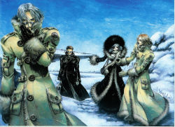 Rule 34 | 00s, 1girl, 3boys, abel nightroad, afro, antonio borgia, black hair, brown gloves, brown hair, coat, glasses, gloves, helga von vogelweide, long sleeves, looking at viewer, multiple boys, official art, outdoors, scan, shibamoto thores, short hair, snow, standing, tres iqus, trinity blood, winter, winter clothes, winter coat