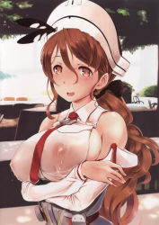 Rule 34 | 10s, 1girl, blush, breasts, brown eyes, brown hair, hat, highres, kantai collection, lactation, lactation through clothes, large breasts, lingerie, littorio (kancolle), long hair, looking at viewer, necktie, open mouth, ponytail, see-through, smile, solo, standing, underwear, wa (genryusui)