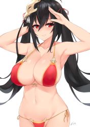 Rule 34 | 1girl, arm behind back, arm up, armpits, azur lane, bikini, black hair, breasts, cleavage, collarbone, front-tie top, groin, hair between eyes, hair ornament, hair ribbon, highres, kuavera, large breasts, long hair, looking at viewer, navel, parted lips, red bikini, red eyes, red ribbon, ribbon, side-tie bikini bottom, signature, simple background, smile, solo, swimsuit, taihou (azur lane), twintails, white background, wide hips