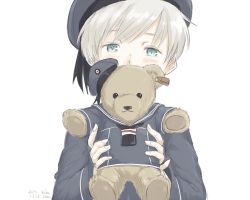 Rule 34 | 10s, 1girl, androgynous, aqua eyes, blush, covering own mouth, green eyes, hat, holding, kantai collection, kawashina (momen silicon), looking at viewer, personification, sailor collar, short hair, silver hair, solo, stuffed animal, stuffed toy, teddy bear, upper body, white background, z1 leberecht maass (kancolle)