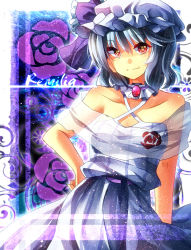 Rule 34 | 1girl, alternate costume, bare arms, bare shoulders, belt, blue dress, blue hair, brooch, choker, collarbone, dress, female focus, flower, hand on own hip, hat, hat ribbon, highres, jewelry, kuga huna, looking at viewer, purple flower, purple rose, red eyes, remilia scarlet, ribbon, ribbon choker, rose, shawl, short hair, sleeveless, sleeveless dress, smirk, solo, striped clothes, striped dress, touhou