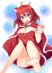 Rule 34 | 1girl, :3, :d, ahoge, amairo islenauts, animal ears, bare legs, barefoot, blue eyes, breasts, buttons, cape, christmas, cleavage, collar, dog ears, dress, east01 06, fang, feet, hair ornament, hairpin, highres, looking at viewer, masaki gaillard, open mouth, paw pose, red dress, red hair, short hair, smile, soles, solo, toes, yuzu-soft