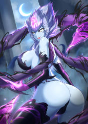 Rule 34 | 1girl, :d, ass, bare shoulders, black sclera, blue skin, breasts, bright pupils, colored sclera, colored skin, crescent moon, evelynn (league of legends), eyelashes, fang, highres, large breasts, league of legends, lipstick, looking at viewer, makeup, moon, night, night sky, open mouth, sideboob, sky, slit pupils, smile, solo, torahime (roland00), white eyes, white hair