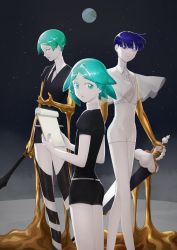 Rule 34 | 3others, absurdres, androgynous, aqua eyes, aqua hair, blue eyes, blue hair, blunt bangs, clipboard, colored eyelashes, colored skin, crystal hair, earth (planet), gem uniform (houseki no kuni), gold, golden arms, green eyes, green hair, heterochromia, highres, houseki no kuni, looking at viewer, looking back, multiple others, multiple persona, mydeerwitch, necktie, phosphophyllite, phosphophyllite (ll), planet, see-through, see-through sleeves, short hair, sky, smile, spoilers, star (sky), starry sky, sword, weapon, white eyes, white skin