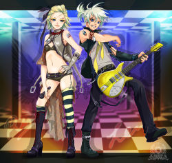 Rule 34 | 1boy, 1girl, asymmetrical clothes, belt, blonde hair, blue eyes, boots, brother and sister, ear piercing, fingerless gloves, gloves, guitar, instrument, jewelry, kagamine len, kagamine rin, legs, lip piercing, lock, magane len, magane rin, microphone, midriff, momopanda, navel, piercing, ring, short hair, siblings, single thighhigh, striped clothes, striped thighhighs, tattoo, thighhighs, twins, vocaloid