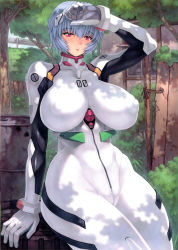 Rule 34 | 1girl, absurdres, alien, alternate breast size, ayanami rei, blue hair, blush, breasts, breasts apart, covered erect nipples, cowboy shot, dappled sunlight, day, drum (container), female focus, hair between eyes, highres, huge breasts, looking at viewer, mogudan, neon genesis evangelion, open mouth, outdoors, plugsuit, red eyes, short hair, sitting, skin tight, solo, sunlight, thighs, when you see it
