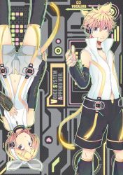 Rule 34 | 1boy, 1girl, absurdres, aqua eyes, arm warmers, bare shoulders, blonde hair, brother and sister, detached sleeves, fingerless gloves, gloves, hair ornament, hair ribbon, hairclip, headphones, highres, kagamine len, kagamine len (append), kagamine rin, kagamine rin (append), leg warmers, navel, open mouth, popped collar, ribbon, short hair, shorts, siblings, smile, twins, upside-down, vocaloid, vocaloid append, yakitori (artist)