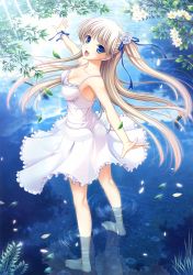 Rule 34 | 1girl, :d, absurdres, barefoot, blonde hair, blue ribbon, breasts, collarbone, dress, feet, floating hair, flower, full body, hair flower, hair ornament, hair ribbon, highres, komori kei, leaf, long hair, looking at viewer, medium breasts, open mouth, original, outdoors, outstretched arm, petals, ribbon, scan, short dress, side ponytail, sleeveless, sleeveless dress, smile, solo, standing, sundress, toes, very long hair, wading, white dress, white flower, wrist cuffs