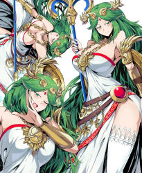 Rule 34 | 1girl, ancient greek clothes, bare shoulders, breasts, bursting breasts, chiton, cleavage, green hair, grin, highres, kid icarus, large breasts, laughing, long hair, looking at viewer, nintendo, ojou-sama pose, one eye closed, palutena, parted bangs, pole dancing, seductive smile, shimure (460), smile, smug, solo, staff, super smash bros., thighhighs, thighs, white thighhighs, wink