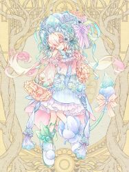 Rule 34 | 1girl, anemone (flower), angora hamasaki, arm at side, ascot, blue dress, blue gemstone, blue hat, blue nails, boots, bow, braid, braided bangs, brooch, butterfly ornament, closed eyes, closed mouth, crossed bangs, dairoku ryouhei, demon tail, detached sleeves, dress, facing to the side, flower, flower trim, frilled sleeves, frills, full body, gem, green ribbon, hair between eyes, hand up, hat, hat bow, hat flower, high-low skirt, horns, jewelry, knees together feet apart, lace, long hair, long sleeves, low twintails, mob cap, multicolored clothes, multicolored dress, multicolored nails, nail polish, petticoat, pink ascot, pink bow, pink dress, pink flower, pink nails, puffy long sleeves, puffy sleeves, ribbon, single horn, sleeveless, sleeveless dress, sleeves past fingers, sleeves past wrists, smile, solo, standing, striped, striped bow, tail, tail bow, tail ornament, twintails, white footwear, wrist cuffs, yellow background