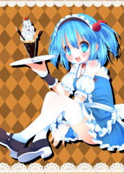 Rule 34 | 1girl, adapted costume, alternate costume, apron, bare shoulders, blue dress, blue eyes, blue hair, blush, body blush, breasts, cherry, choker, cup, dessert, detached sleeves, dress, enmaided, eyelashes, fingernails, food, frilled sleeves, frills, fruit, hair bobbles, hair ornament, highres, ice cream, jewelry, kawashiro nitori, key, looking at viewer, maid, maid apron, maid headdress, mary janes, matching hair/eyes, nail polish, necklace, no headwear, no headwear, panties, pantyshot, pocky, puffy sleeves, ribbon choker, sash, shoes, short hair, short twintails, sitting, small breasts, solo, sundae, thighhighs, touhou, tray, twintails, two side up, underwear, wafer stick, waist apron, white panties, white thighhighs, wrist cuffs, zefa (neoaltemice)